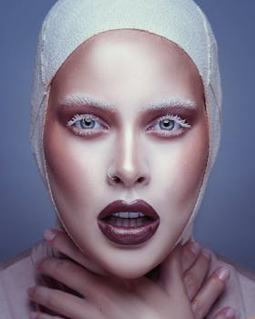 Close-up portrait of a woman with futuristic makeup and fashion styling.