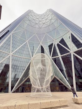 View of the Wonderland sculpture in front of the iconic Bow Building in Calgary.
