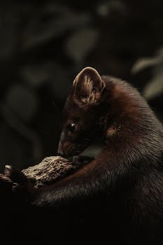 A close-up photo of a marten against a dark background, showcasing its dark fur and sharp features.