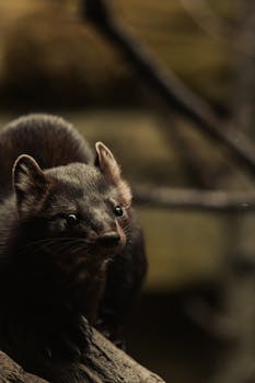 A fisher (Pekania pennanti) perched on a tree branch in a forest setting, captured in moody lighting.