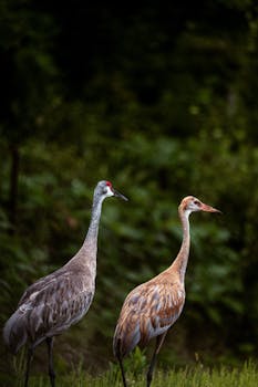 Elegant Sandhill Cranes captured in a vibrant green setting, highlighting their grace.