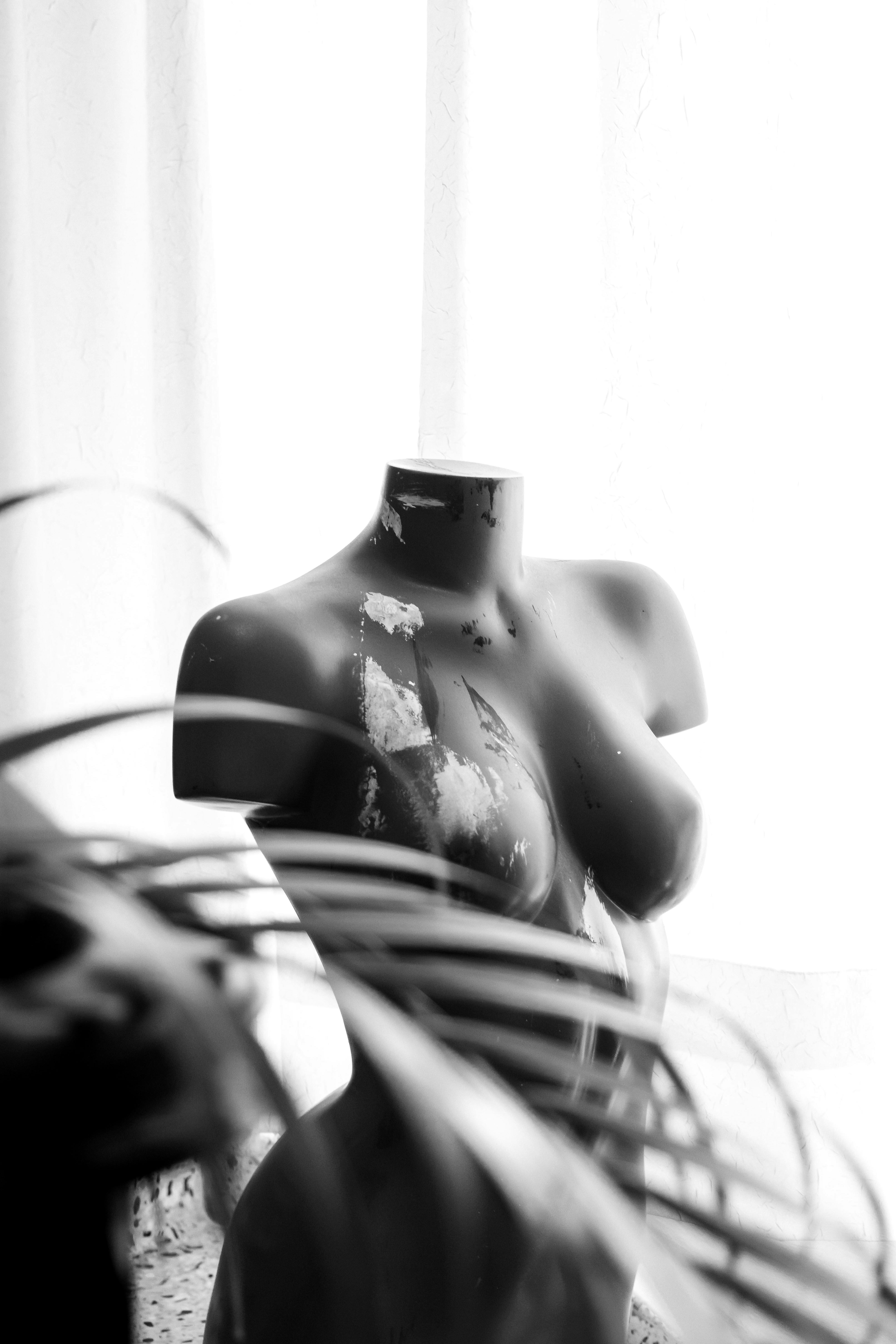 De franc Intrigant foto en blanc i negre d'un maniquí desgastat enmig d'una llum suau i fulles. Foto d'estoc