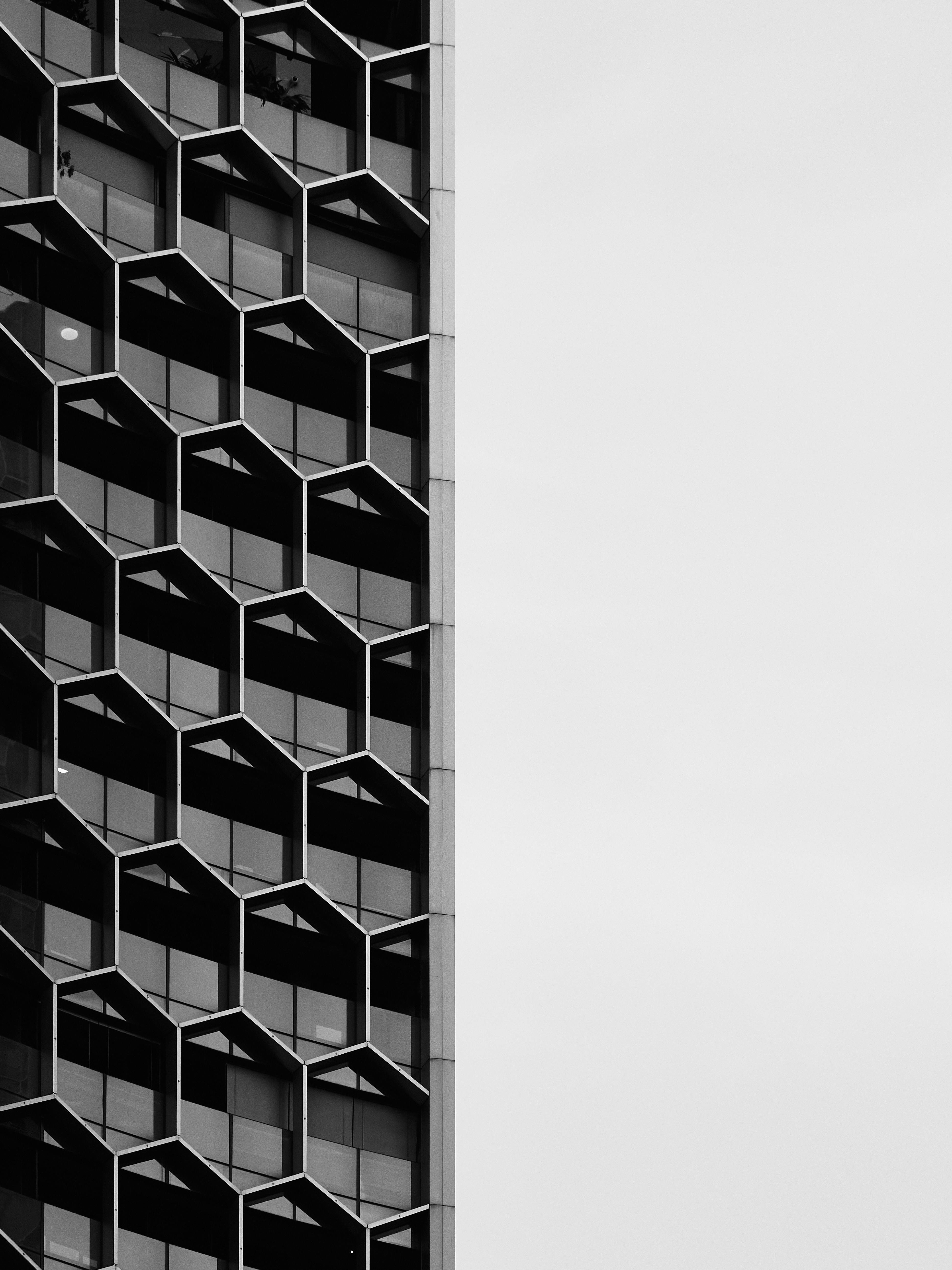 Black and white photo of a building facade with hexagonal patterns.