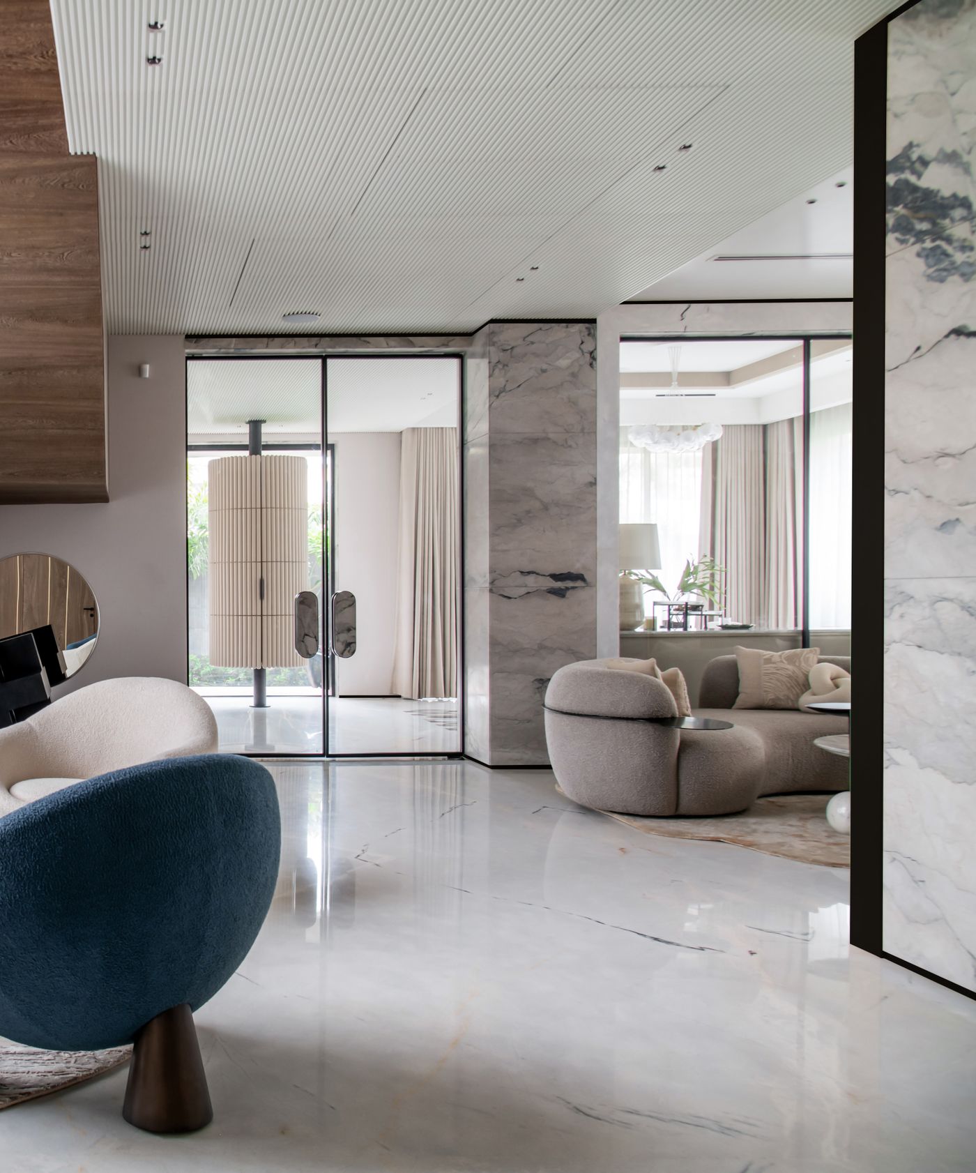 Modern living room interior with marble floors and contemporary furniture