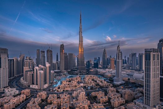 Breathtaking view of Dubai's iconic skyline featuring Burj Khalifa at twilight.