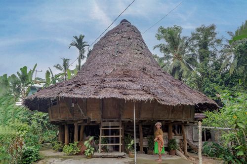 Free A traditional Lumbung house with thatched roof in a lush tropical environment, featuring a woman in traditional attire. Stock Photo