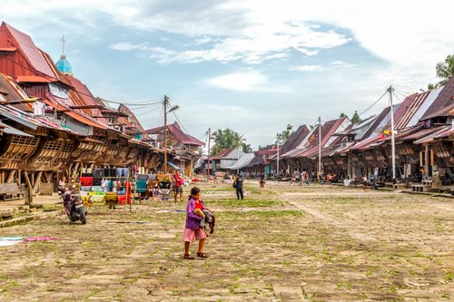 Free Vibrant village life in a traditional Indonesian setting with people and unique architecture. Stock Photo