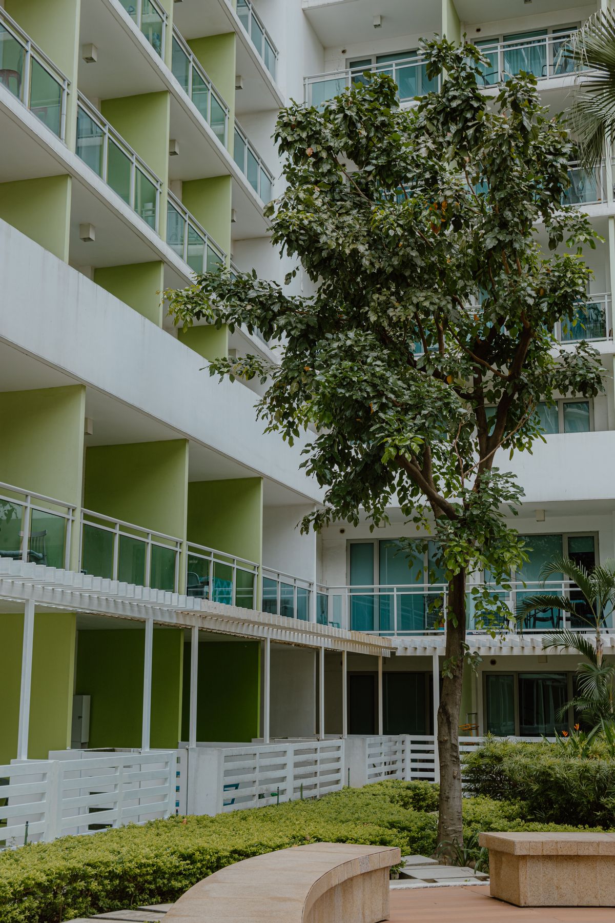 Contemporary hotel facade with landscape