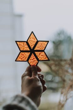 一只手持着一件设计复杂的星形装饰品，镜头特写