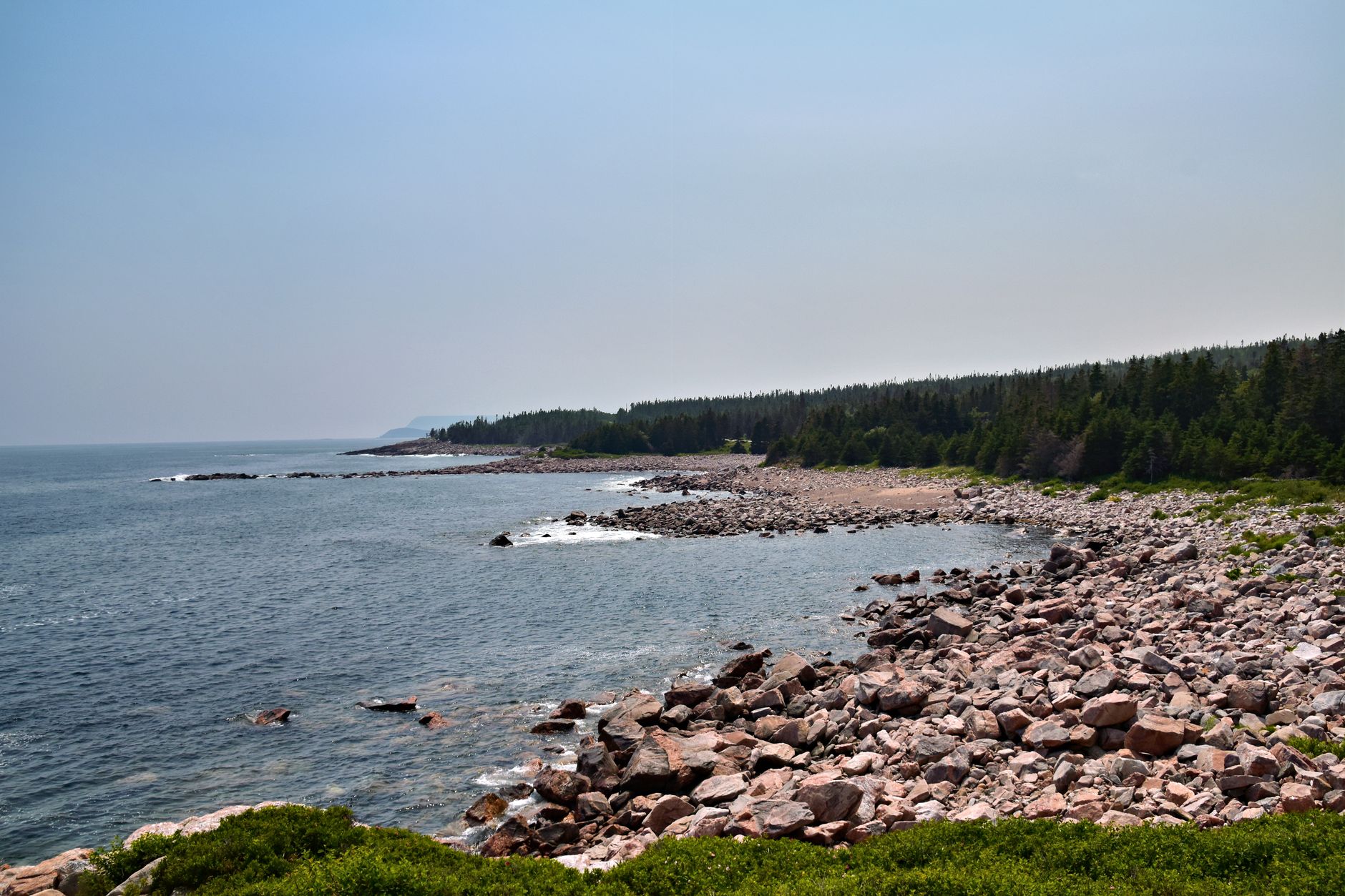 Beautiful rocky coastline with vibrant forest in Nova Scotia, Canada.