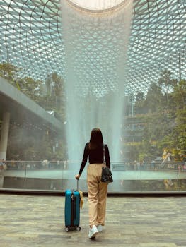 Woman with luggage at Jewel Changi Airport, Singapore, iconic indoor waterfall.