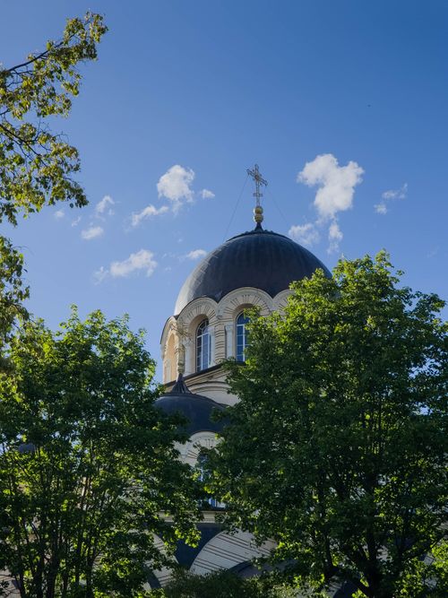 Free A beautiful dome of a historic building seen through lush green trees on a sunny day. Stock Photo
