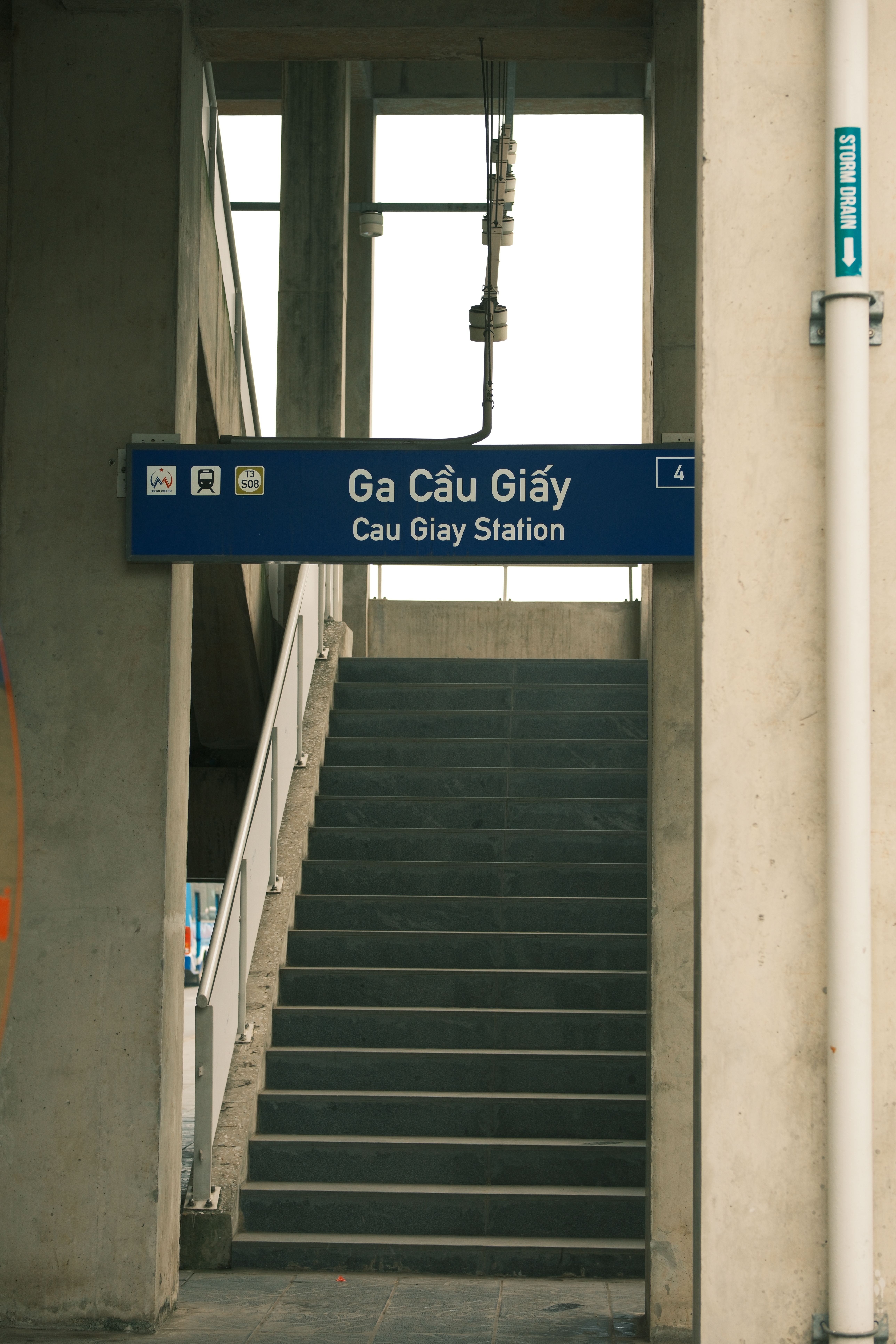 Stairway leading to Cau Giay Station in Hanoi, Vietnam. Urban transit scene.