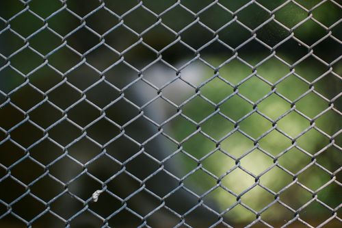 Free Detailed view of a chain-link fence with a blurred natural background, capturing texture and light. Stock Photo