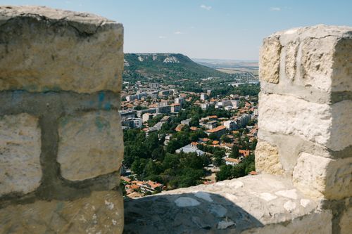 Free Scenic view of Varna, Bulgaria from fortress, framed by stone walls. Stock Photo