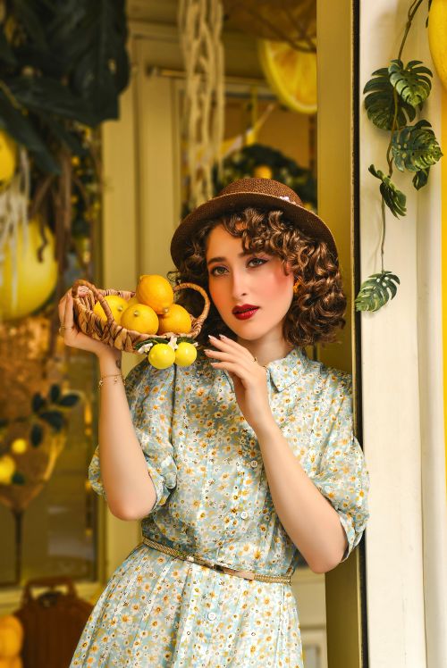 Free Woman in a floral dress holding lemons, exuding a vintage charm indoors. Stock Photo