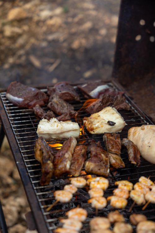 Free Various meats and shrimp grilling over open flames on a barbecue outdoors. Stock Photo