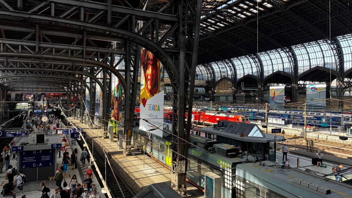 A bustling view of Hamburg's central train station with passengers and trains under the iconic glass roof.
