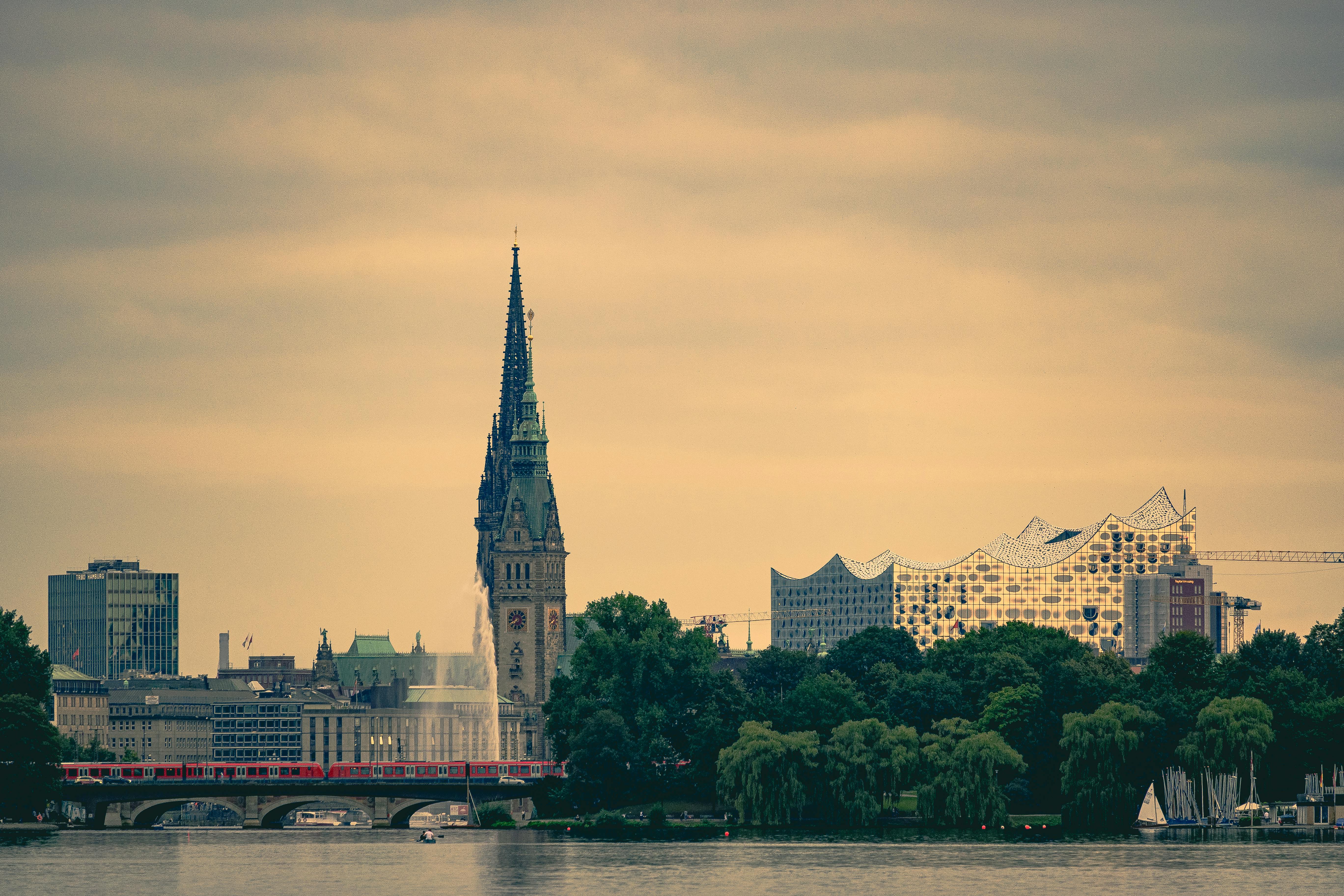 Iconic view of Hamburg showing historic architecture