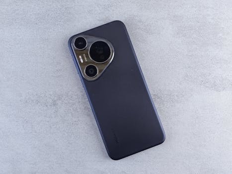 Flat lay of a modern smartphone with a sleek camera design on a textured surface.