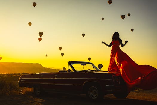 Silhouette of a woman in a red dress on a convertible during a hot air balloon sunrise in Cappadocia.