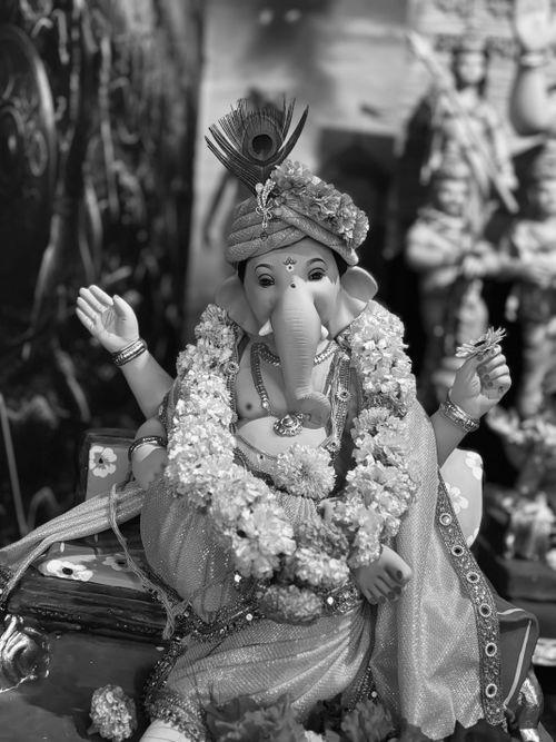 Free Black and white image of a decorated Ganesha statue adorned with flowers and jewelry. Stock Photo