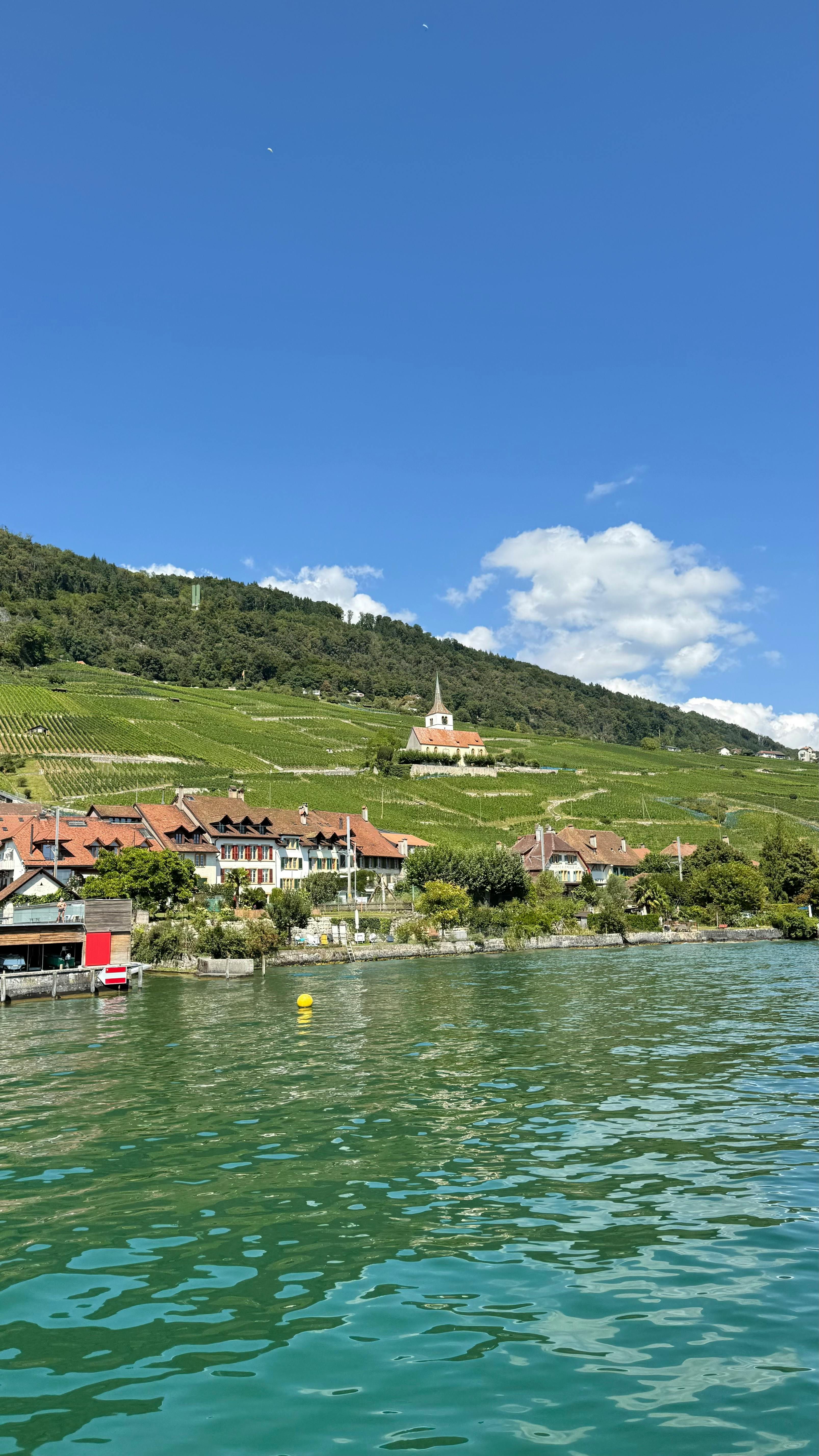 Beautiful vineyard and church landscape by a lake in Switzerland.