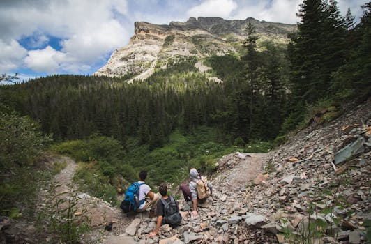 Three hikers sitting along a scenic trail in Montana with lush forests and rocky cliffs in view.