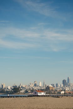Breathtaking view of San Francisco skyline with clear blue skies, featuring iconic landmarks.