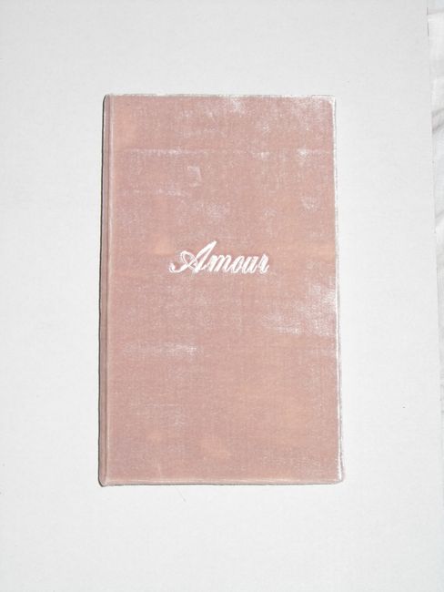 A stylish pink velvet notebook with 'Amour' inscribed elegantly, ideal for personal journaling.