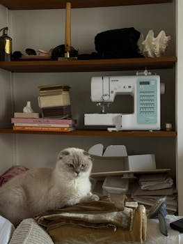 Fluffy cat resting near sewing supplies and machine, creating a cozy and creative atmosphere.