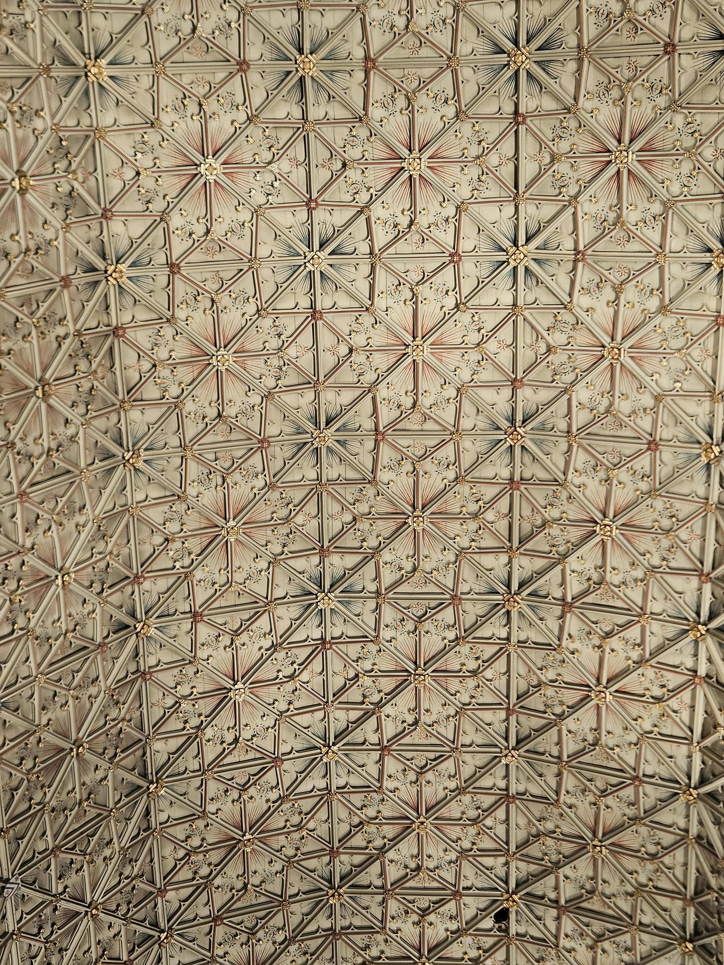 Kostnadsfria Detaljerad vy av ett geometriskt takmönster med en utsmyckad gitterdesign med stjärnmotiv. Stock foto