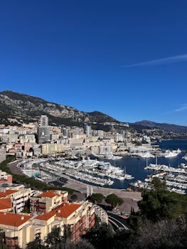 Scenic aerial view of Monaco showcasing the harbor, cityscape, and surrounding mountains.