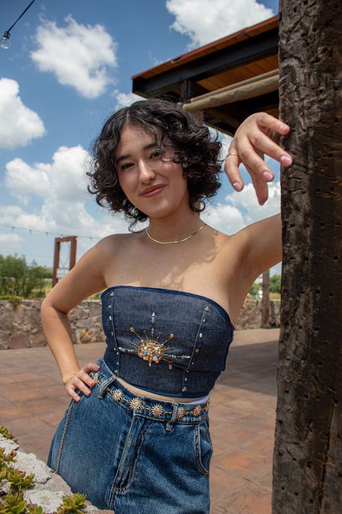 Free A young woman poses confidently outdoors, showcasing trendy denim fashion in Santiago de Querétaro. Stock Photo