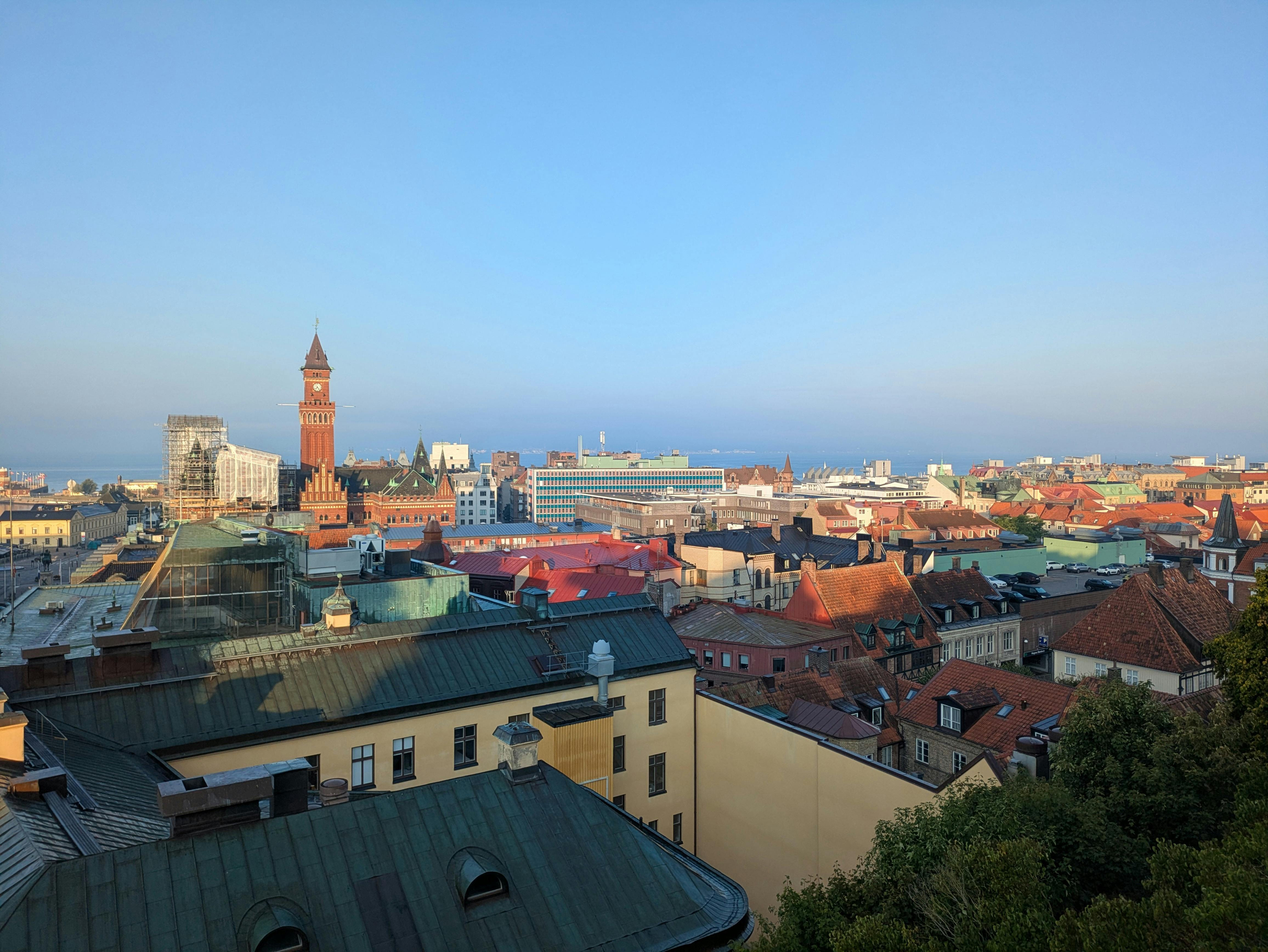 Vibrant rooftop view of Helsingborg, showcasing classic architecture and a clear sky.