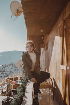 阳光明媚的日子里，一位时尚男子戴着太阳镜，穿着夹克，在木屋旁放松