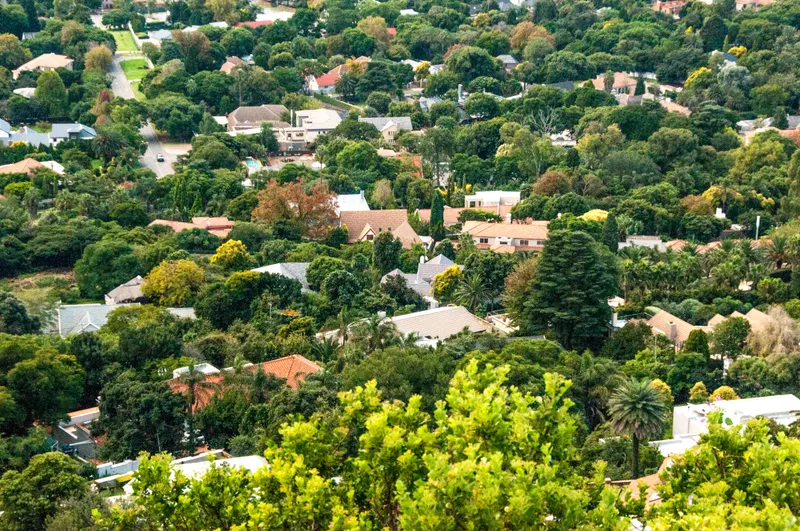 Jacaranda-shaded suburbs of the Pretoria highveld from above