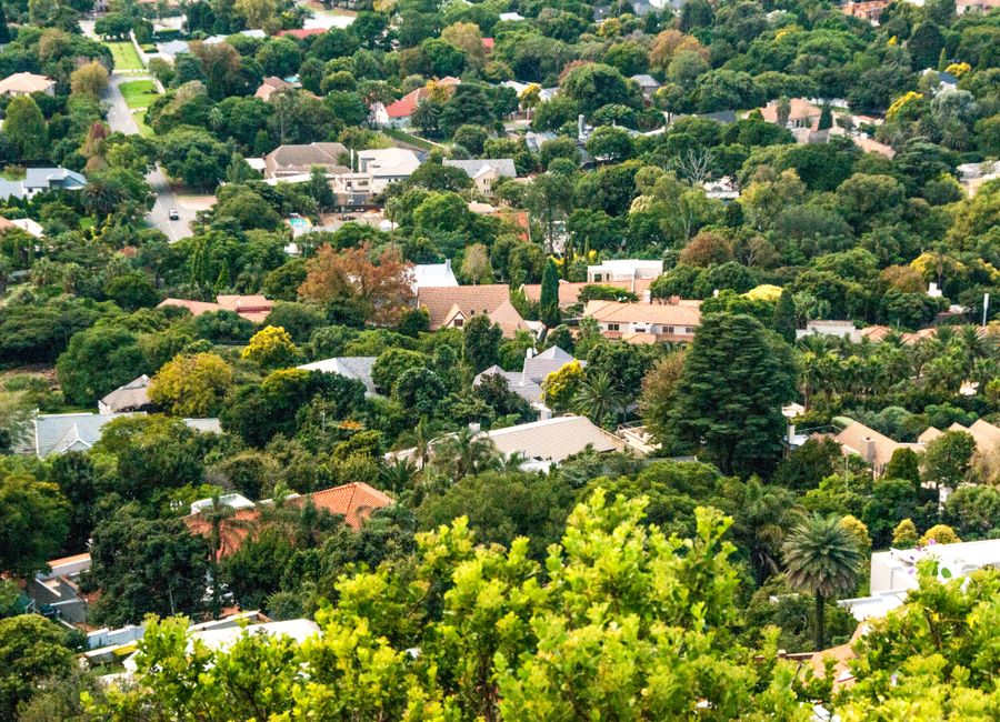 A lush aerial view of a suburban neighborhood surrounded by greenery in South Africa.