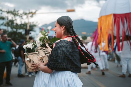 Cultural celebration with traditional attire in Oaxaca street parade.