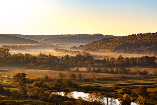 黎明时分，金光洒在连绵起伏的山峦上，映出一片田园诗般的秋景