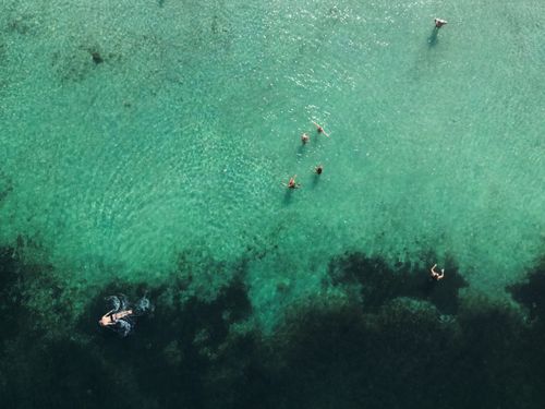 Free A stunning aerial shot of people swimming in the turquoise sea off Malta, showcasing vibrant water and relaxed recreation. Stock Photo