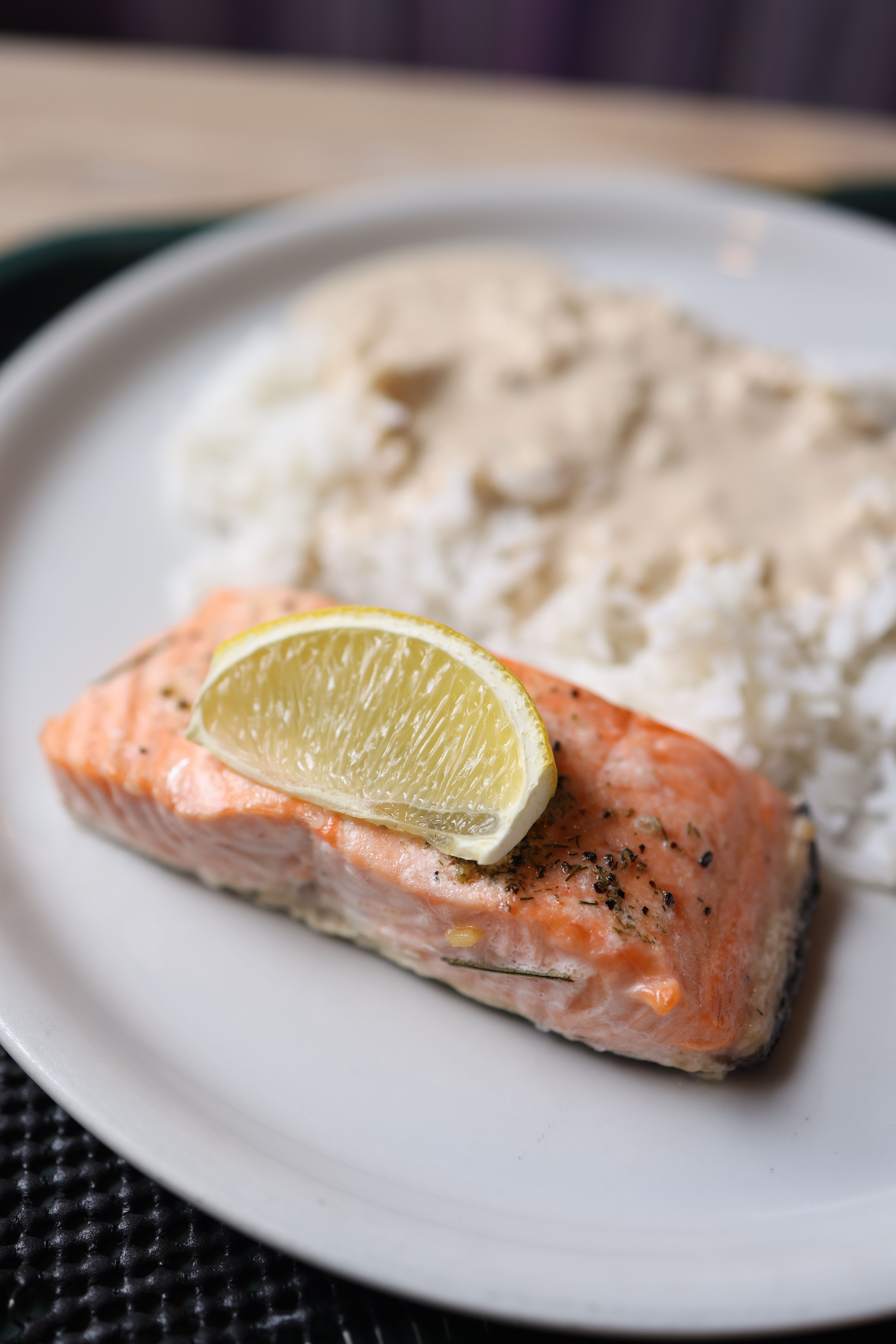 Salmon with rice and greens