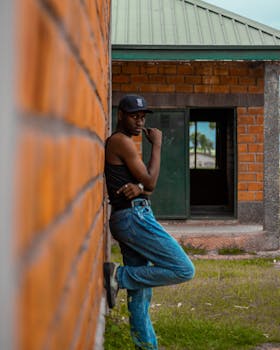 Casual young man leaning on an outdoor brick wall, exuding confidence.