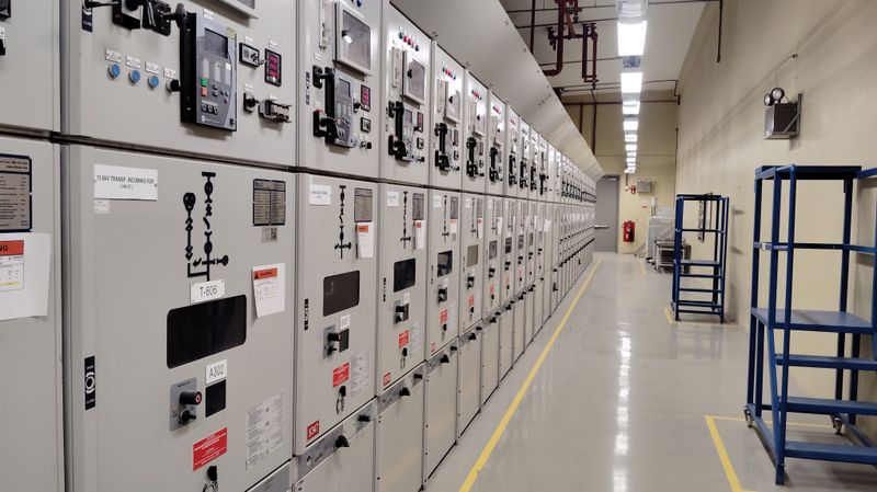 Long row of control panels in an industrial electrical control room