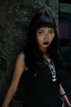 Portrait of a woman in gothic fashion with dark makeup and jewelry.