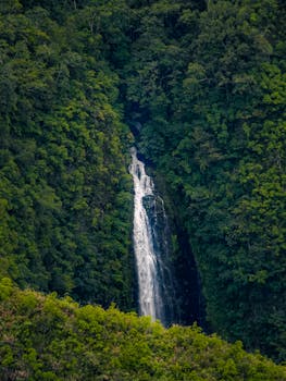 Stunning waterfall cascading down vibrant green forest in idyllic natural setting.