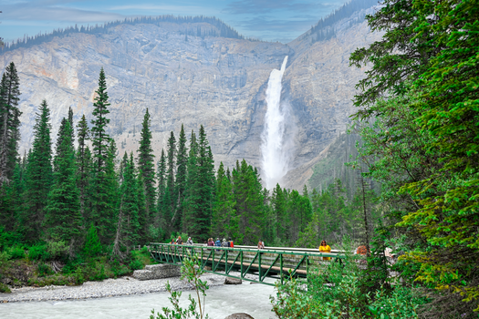 Breathtaking waterfall view in the lush Yoho National Park, British Columbia.