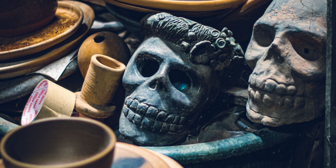 Hand-painted ceramic skulls and pottery for sale at a market in Oaxaca, Mexico