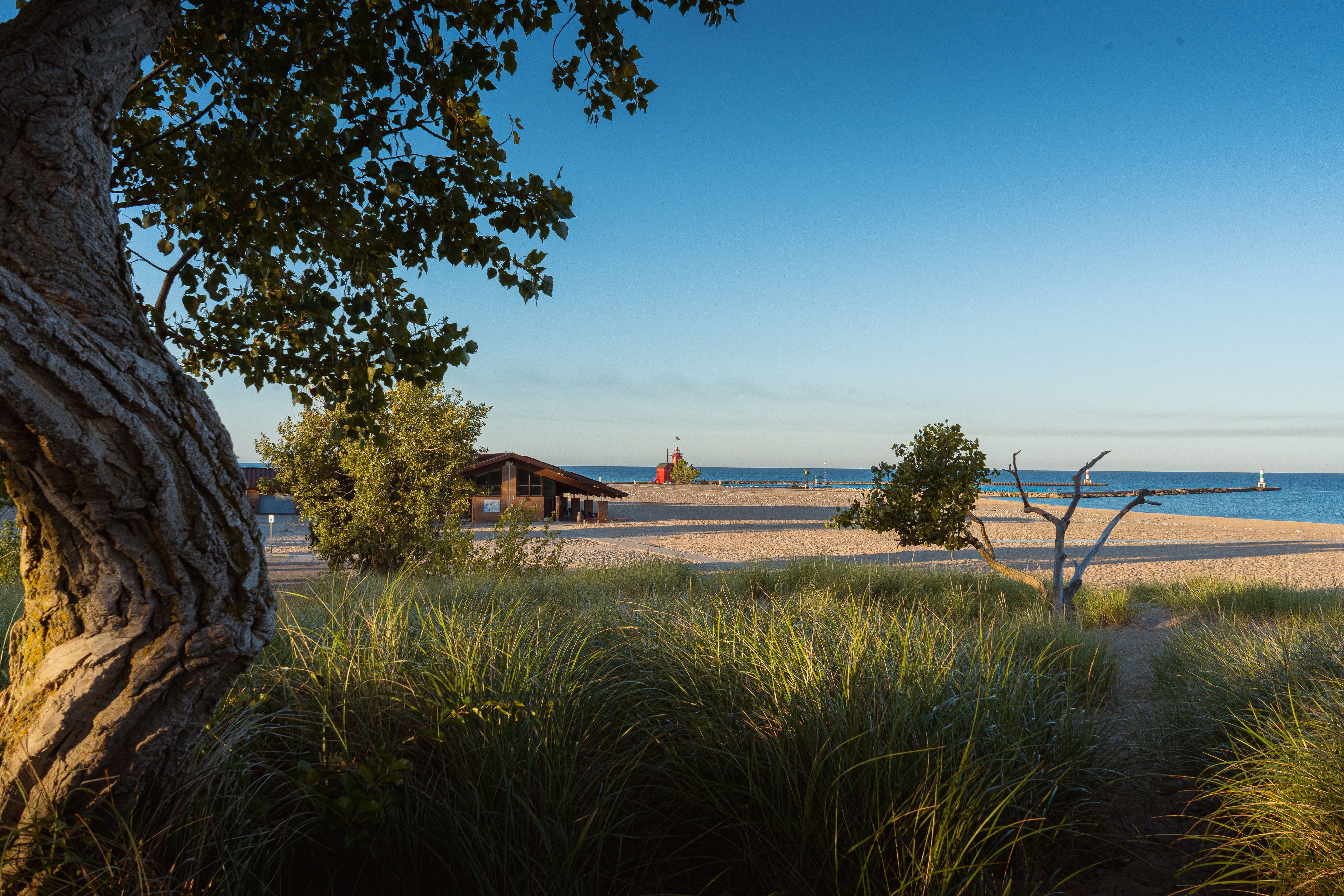 Captivating view of Holland Michigan's iconic red lighthouse with sandy beach and greenery.
