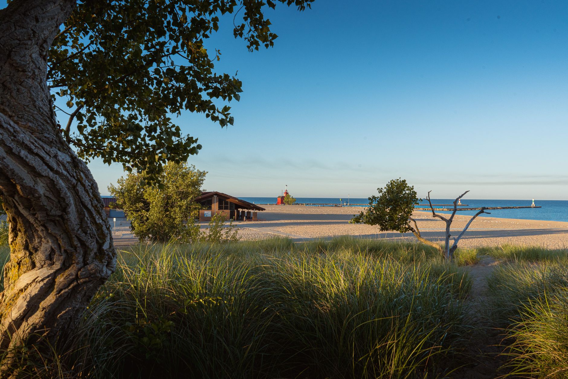 Captivating view of Holland Michigan's iconic red lighthouse with sandy beach and greenery.